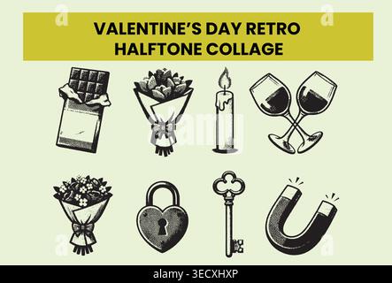 Retro halftone Valentine’s Day collage with romantic vintage icons Stock Vector