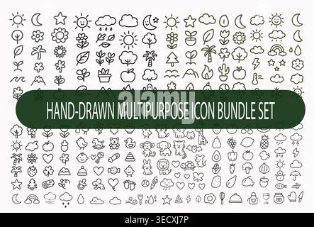 Hand-drawn multipurpose icon bundle set with nature and animal symbols Stock Vector