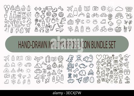 Hand-drawn multipurpose icon bundle set with diverse lifestyle and adventure symbols Stock Vector