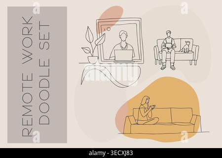 Modern remote work doodle set with home office and lifestyle illustrations Stock Vector