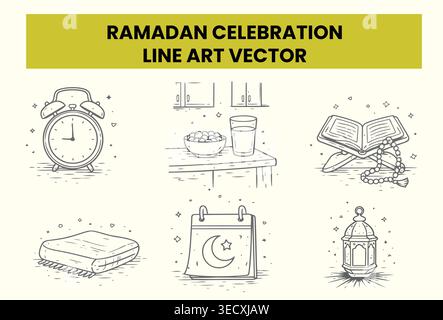 Ramadan celebration line art vector set with spiritual lifestyle icons Stock Vector