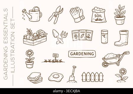 Hand drawn gardening essentials illustration set with eco-friendly tools Stock Vector