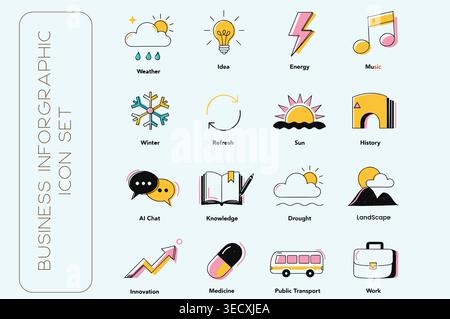 Modern business infographic icon set with colorful line art symbols Stock Vector