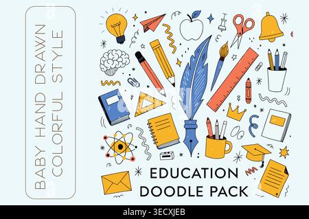 Baby hand drawn colorful education doodle pack with cute school icons Stock Vector