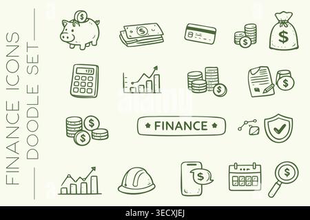 Creative collection of whimsical financial doodles featuring piggy bank calculator and cash Stock Vector