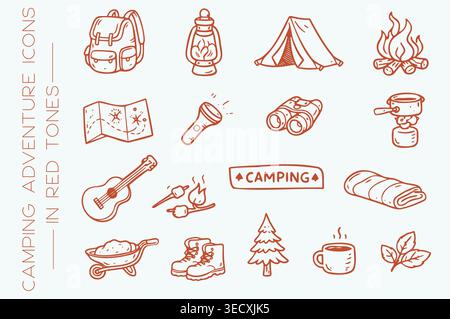 Creative collection of whimsical camping doodles featuring tent backpack and bonfire Stock Vector