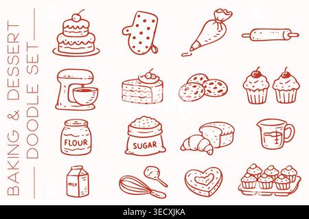 Hand drawn baking and dessert doodle set with sweet treats icons Stock Vector