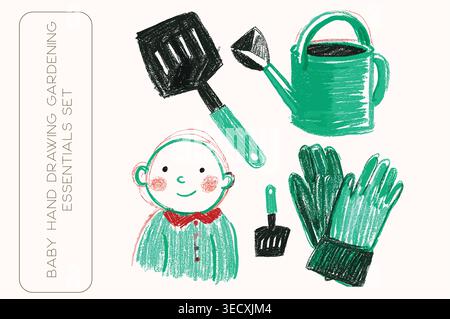 Creative collection of kids garden doodles featuring watering can and gloves Stock Vector