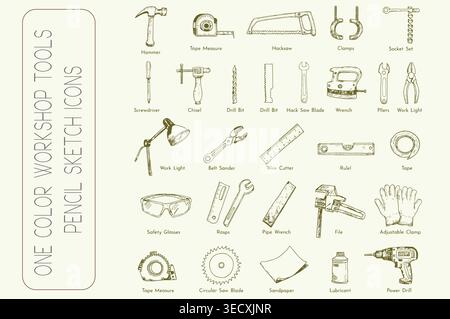 Classic hand drawn collection of construction tools and workshop equipment Stock Vector