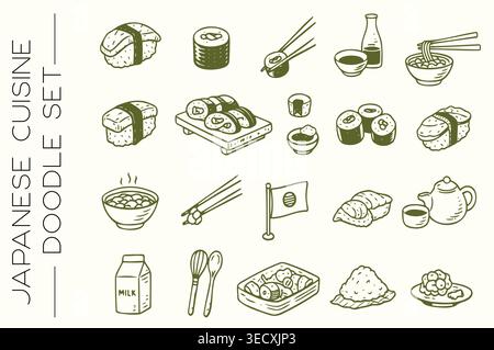 Hand drawn Japanese cuisine doodle set with traditional sushi and ramen icons Stock Vector