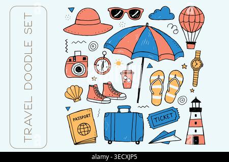 Hand drawn travel doodle set with colorful summer vacation icons Stock Vector