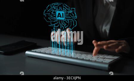 Hands Typing on Keyboard with Artificial Intelligence Concept Highlighted through Digital Graphics and Data Patterns Against Dark Background Gluon. Stock Photo