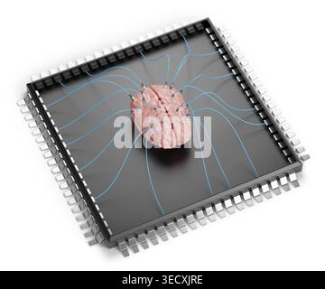 Computer chip with a brain inside. Artificial intelligence concept. 3D illustration. Stock Photo