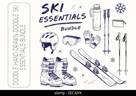 Hand drawn ski essentials doodle bundle featuring winter sports equipment Stock Vector