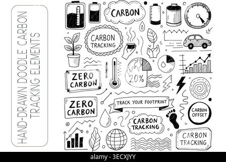 Creative collection of sustainability doodles featuring zero carbon and green energy Stock Vector