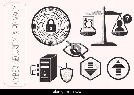 Retro style collection for digital protection featuring lock scale of justice and server Stock Vector