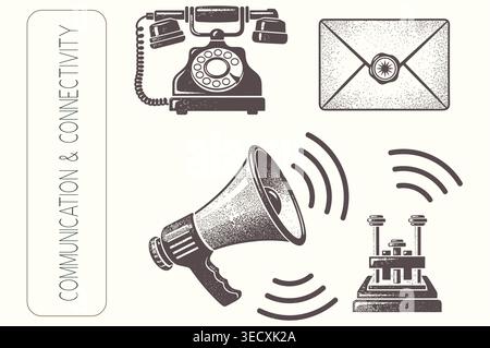 Vintage engraved communication and connectivity icon set with retro elements Stock Vector