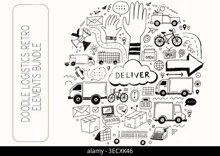 Creative collection of minimalist transportation doodles featuring delivery trucks and parcels Stock Vector