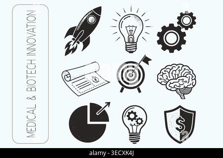 Vintage engraved strategic business and innovation icon set for startups Stock Vector