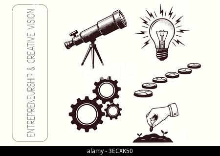 Vintage engraved entrepreneurship and creative vision icon set Stock Vector