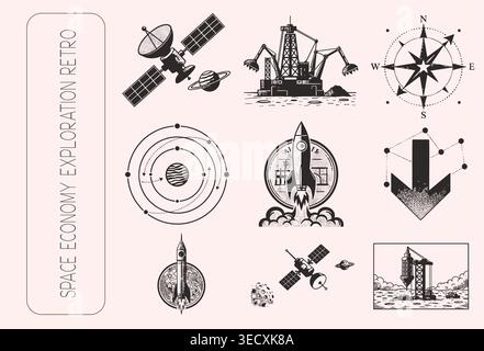 Vintage engraved space economy and retro exploration icon set Stock Vector