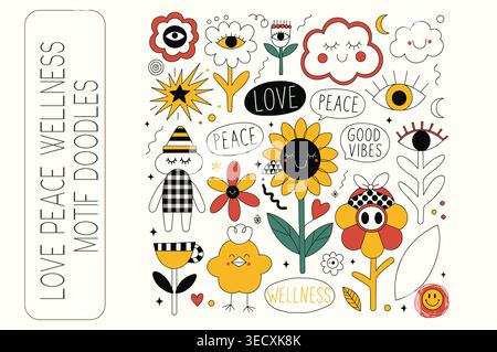 Love peace and wellness motif doodles with retro hippie style elements Stock Vector
