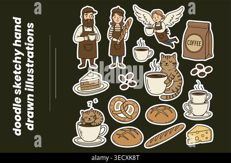 Doodle sketchy hand drawn illustrations for coffee and bakery theme Stock Vector