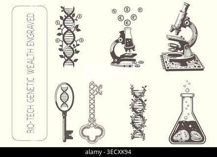 Vintage engraved bio-tech and genetic wealth icon set for investment and science Stock Vector
