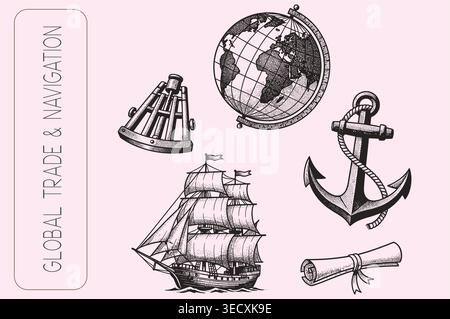 Vintage engraved global trade and navigation icon set with maritime elements Stock Vector