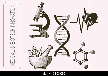 Vintage engraved medical and biotech innovation icon set with laboratory elements Stock Vector