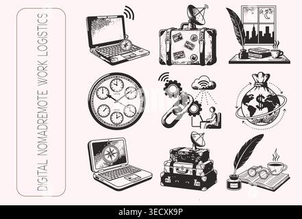 Vintage engraved digital nomad and remote work logistics icon set Stock Vector