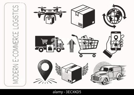Vintage engraved modern e-commerce logistics and delivery icon set Stock Vector