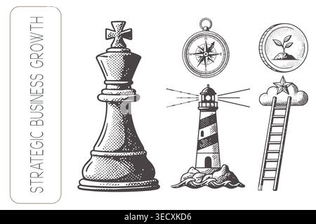 Retro style business metaphors featuring chess king, lighthouse, and compass Stock Vector