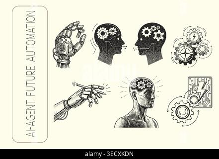 Vintage engraved AI agent and future automation icon set with robotic elements Stock Vector