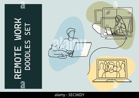 Hand drawn remote work doodles set featuring home office and video conferencing scenes Stock Vector