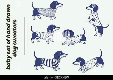 Creative collection of cute sausage dogs in knitted winter jumpers for apparel design Stock Vector