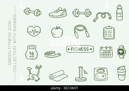 Hand drawn fitness icon set with workout equipment and healthy lifestyle doodles Stock Vector