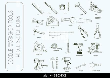 Hand drawn doodle workshop tools pencil sketch icons set with hardware elements Stock Vector