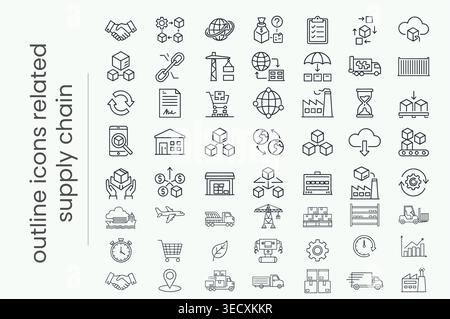 Hand drawn outline icons related to supply chain, logistics, and global shipping Stock Vector
