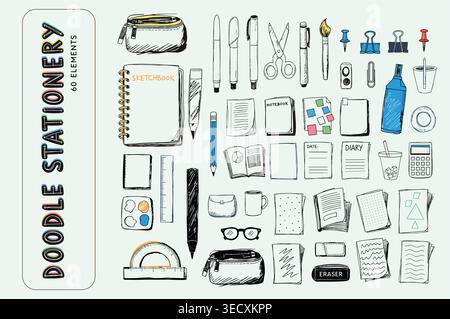 Doodle stationery set with 60 hand drawn office and school supply elements Stock Vector