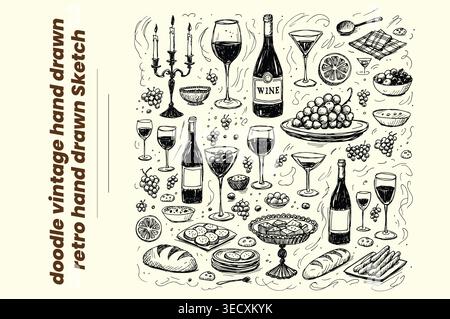 Vintage hand drawn wine and dining sketch collection with grapes and glasses Stock Vector