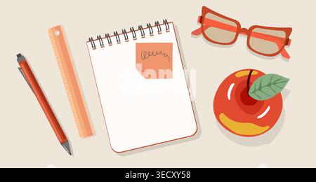Minimalist Back to School Flat Lay Vector Open Notebook with Red Apple Reading Glasses and Pen Professional Teacher Desk for Education Planning Design Stock Vector