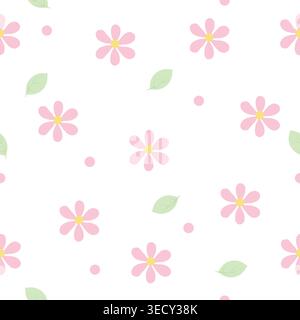 Cute seamless pattern with pink flowers and soft leaves on clean white background, flat vector illustration perfect for fabric, wrapping paper, wallpa Stock Vector