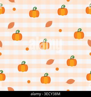 Seamless autumn pattern with pumpkins, falling leaves and soft gingham background, flat vector illustration ideal for textile, wrapping paper, wallpap Stock Vector