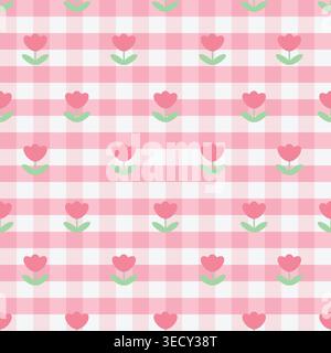 Adorable pink gingham plaid with simple tulip flowers in soft pastel tones. Perfect for fabric, wallpaper, wrapping paper, branding, and cute spring o Stock Vector