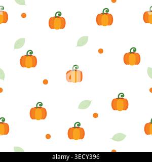 Seamless autumn pattern with pumpkins, soft leaves and dots on clean white background, flat vector illustration perfect for textile, wrapping paper, w Stock Vector