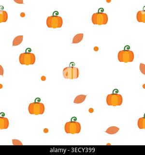 Seamless autumn pattern with pumpkins, falling leaves and soft gingham background, flat vector illustration ideal for textile, wrapping paper, wallpap Stock Vector