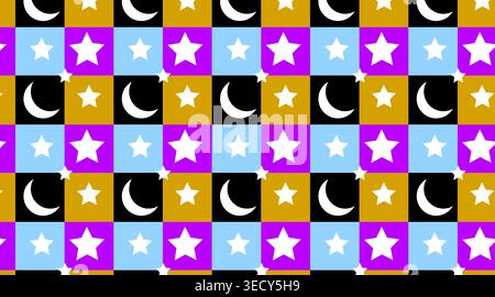 Colorful mosaic pattern with white stars and moons on checkered grid background vibrant squares gold purple blue festive geometric repeat design nurse Stock Photo