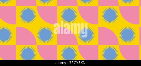 Abstract mid century modern design featuring repeating blue solar icons and pink geometric arcs arranged on a bright yellow field for cheerful decorat Stock Photo