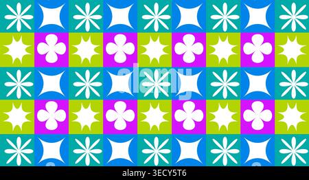 Abstract checkered background showcasing minimalist floral shapes and pointed star icons in white over colorful grid tiles perfect for digital wrapper Stock Photo